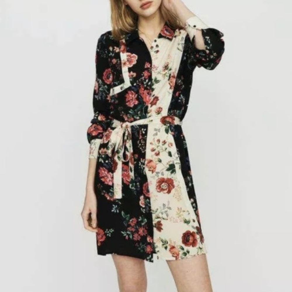 Maje Riller Two Tone Floral Shirt Dress Sz 2 - Picture 6 of 13